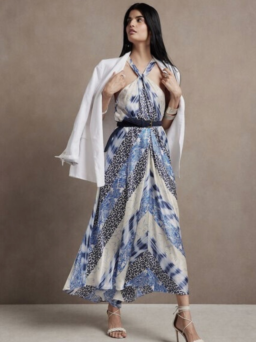 Banana Republic 100% Silk Blue and White Patterned Halter Maxi Dress